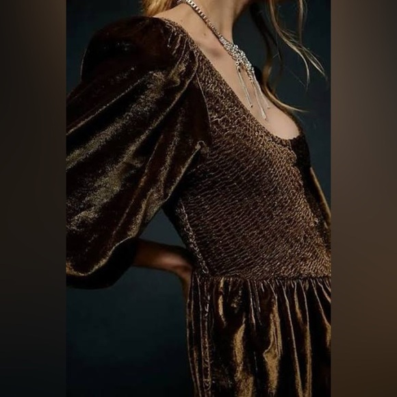 Free People Farrier A-Line Smocked Velvet Mini Dress Chocolate Brown Small - Picture 4 of 12